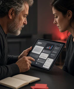 A product designer and engineer reviewing an application prototype