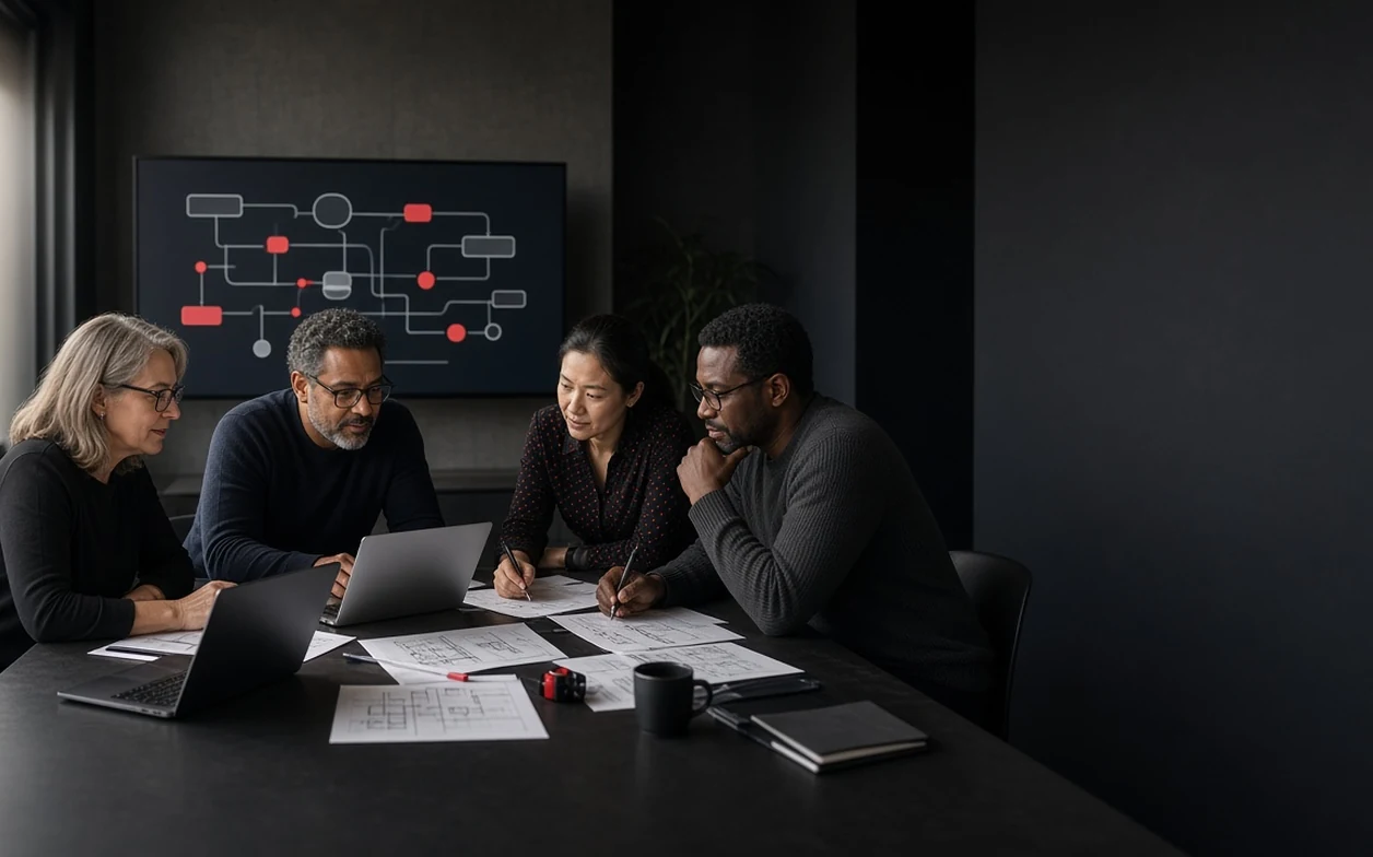 A software product team reviewing an AI-enabled delivery workflow